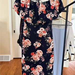 Crave Fame One Shoulder Floral Dress - Navy and Pink